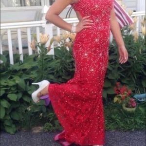 Size 6 Crystal & Red lace Jovani evening gown. Worn once, never altered.